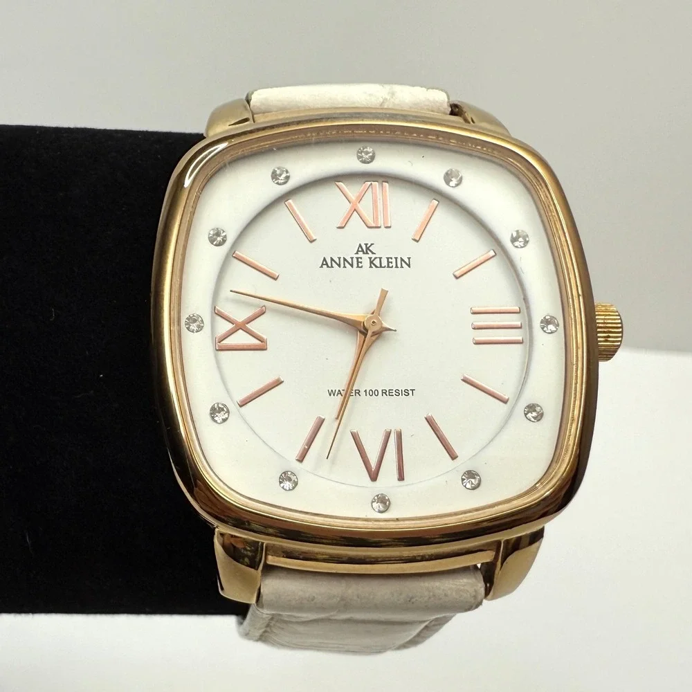Anne Klein Quartz Watch Gold Tone White Dial Faux Croc Band Rhinestone Accents